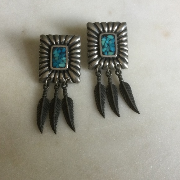 Signed Vintage Turquoise Silver Boho Feather Post Earrings - Picture 7 of 7